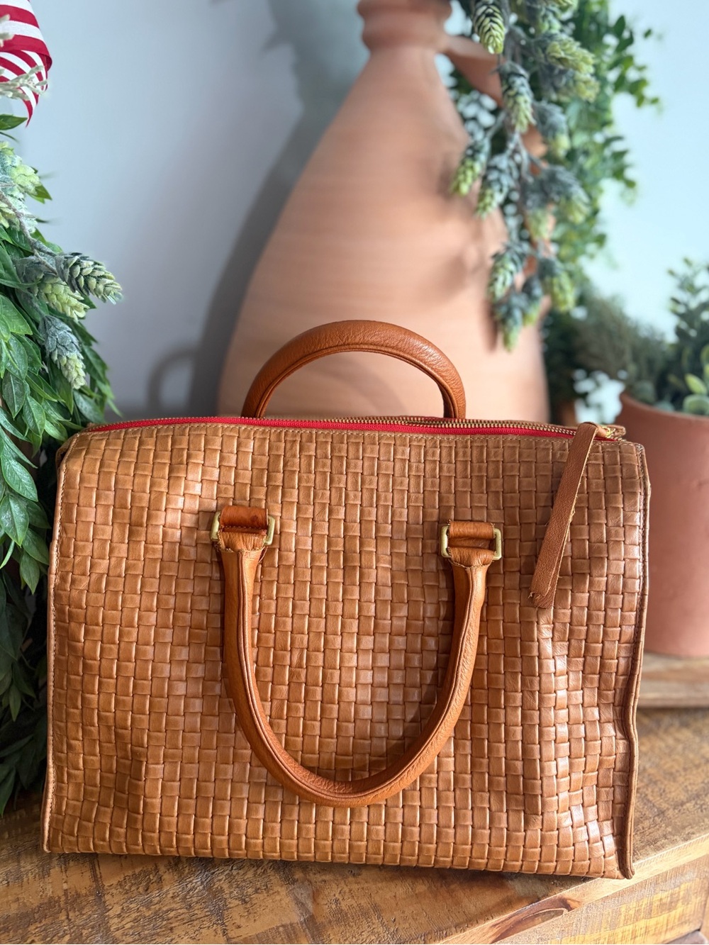 Clare V. Woven Leather Satchel Handbag in Cognac - Picture 4 of 13